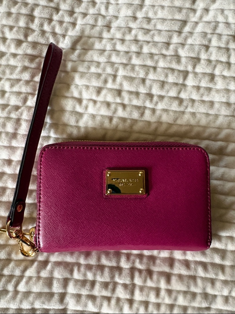 Michael Kors Magenta Zip Wristlet with Gold Plaque
